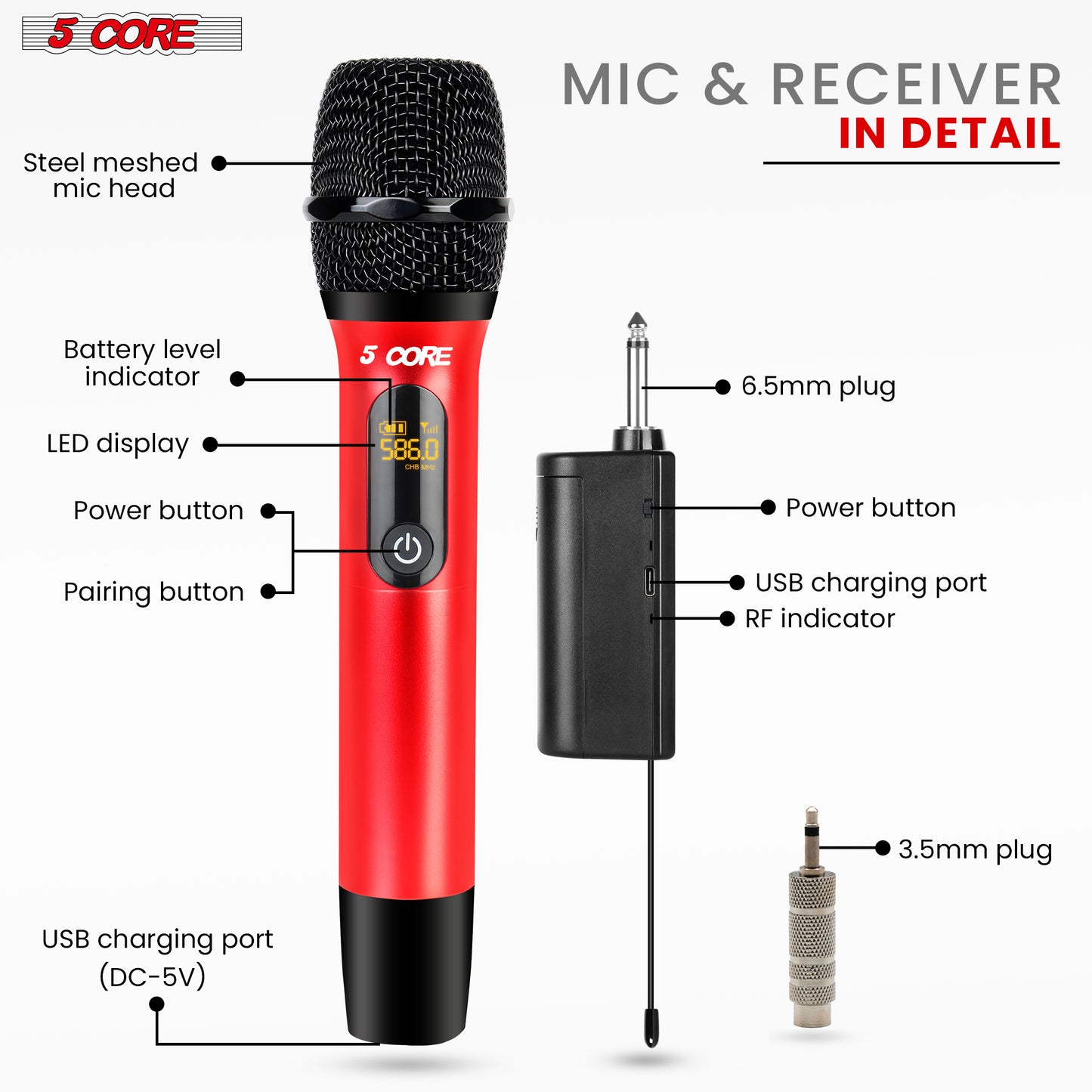 5 Core Wireless Microphones Pair UHF Professional Handheld Microfonos Inalambricos Dual Cordless Mic System for Karaoke Singing Wedding DJ Party Speech Church - WM UHF 02