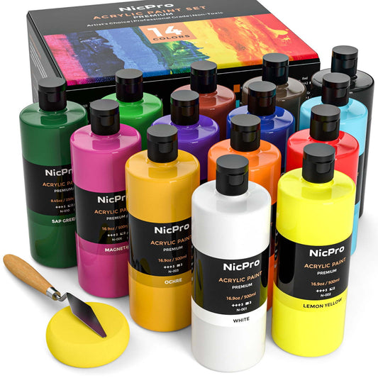 Nicpro Acrylic Paint, 14 Colors Acrylic Paint Set, 16.9oz/500ml Bottles, Rich Art Painting Supplies for Artists, Beginners and Kids on Canvas Wood Leather Fabric Stone Craft