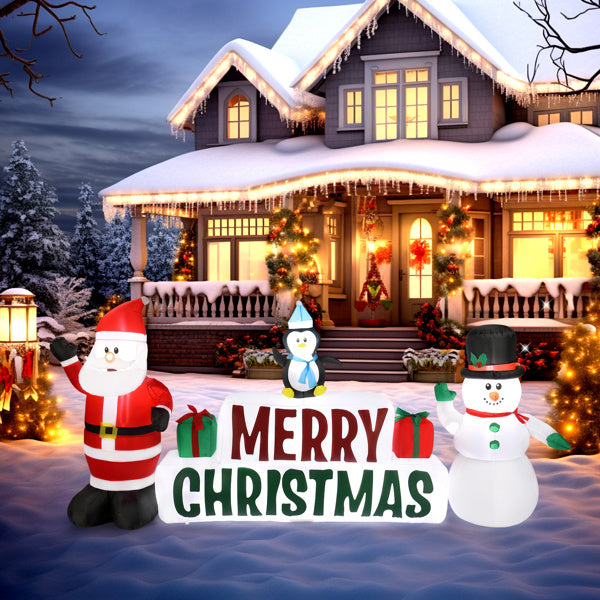 9.8 FT Lighted Christmas Inflatable Decoration, Inflatable Santa Claus and Snowman Holding Merry Christmas Sign, Funny Blow Up Yard Decorations with Built-in LED Lights for Holiday Party Front Yard