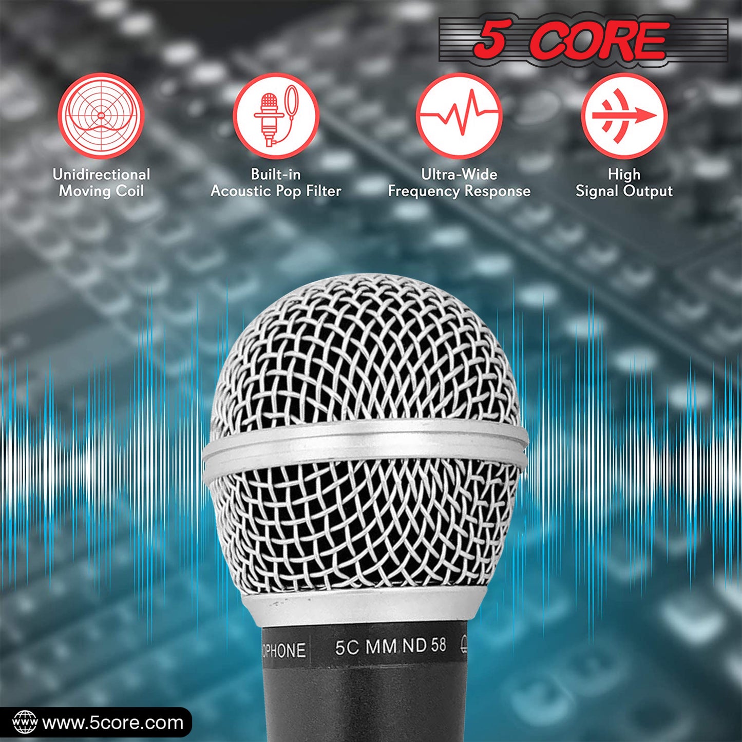 5 CORE Premium Vocal Dynamic Cardioid Handheld Microphone Neodymium Magnet Unidirectional Mic, 16ft Detachable XLR Deluxe Cable to ¼ Audio Jack for Karaoke, Singing W/Mic Clip, Bag ND 58S