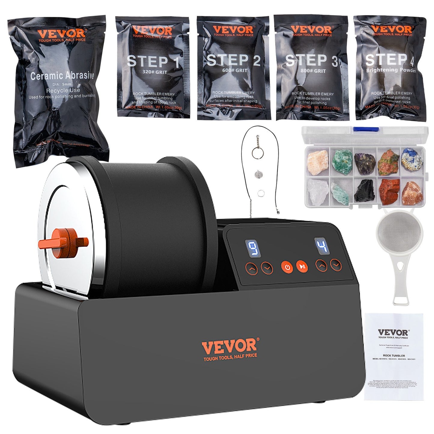 VEVOR Rock Tumbler Kit 3lb Rock Polisher Rough Gemstones 4 Polishing Grits