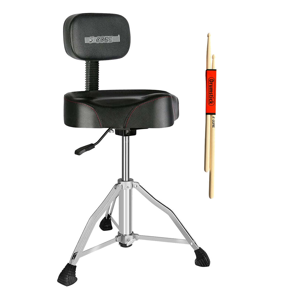 5 Core Drum Throne with Backrest Black Thick Padded Saddle Drum Seat Comfortable Motorcycle Style Drum Chair Stool Air Adjustable Double Braced Tripod Legs for Drummers - DS CH BLK Rest LVR