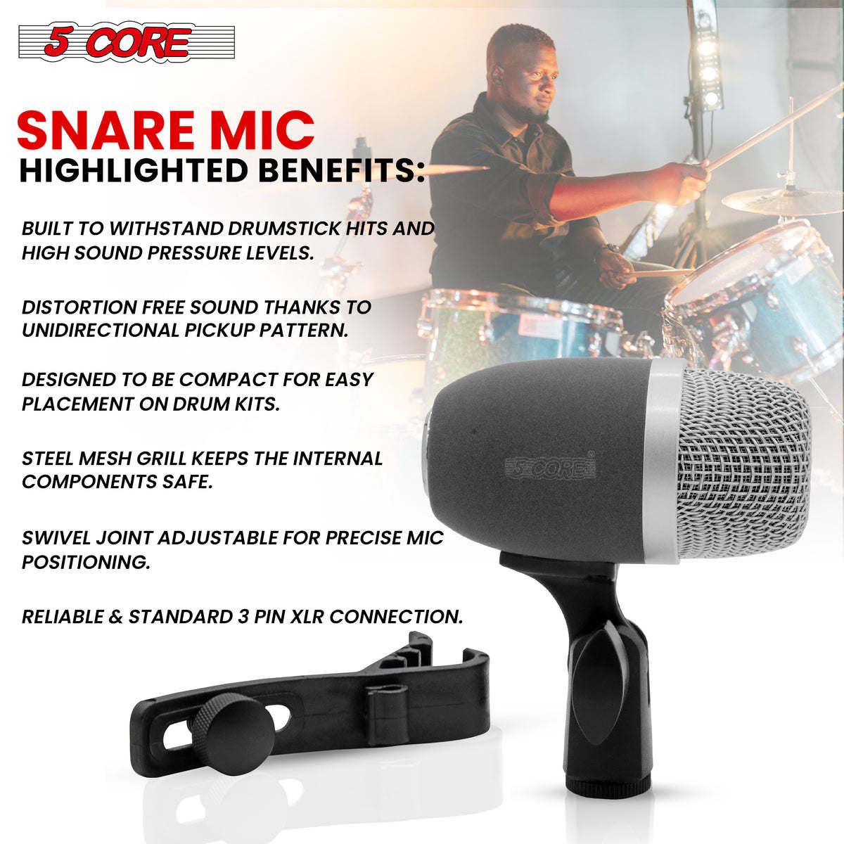 Snare Microphone 1Piece Wired Cardioid Bass Drum Mic Kit High SPL Instrument Microfono w XLR Connection- 5 Core Snare XP