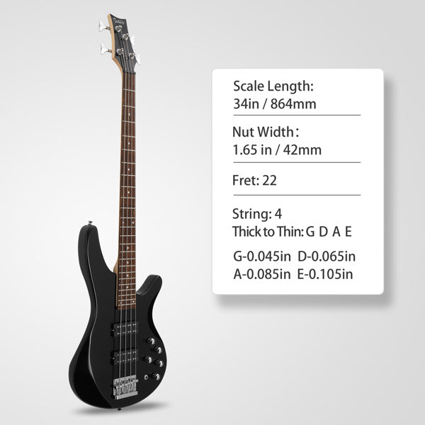 Glarry 44 Inch GIB 4 String H-H Pickup Laurel Wood Fingerboard Electric Bass Guitar with Bag and other Accessories Black