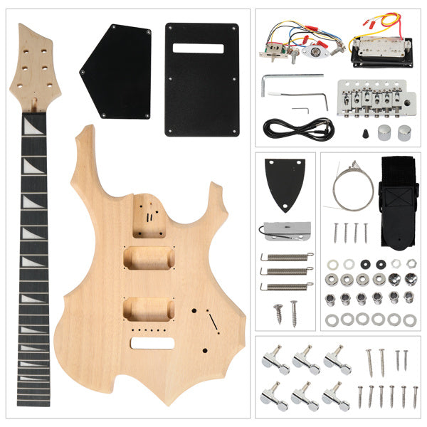 DIY 6 String Flame Shaped Style Electric Guitar Kits with Mahogany Body, Maple Neck and Accessories