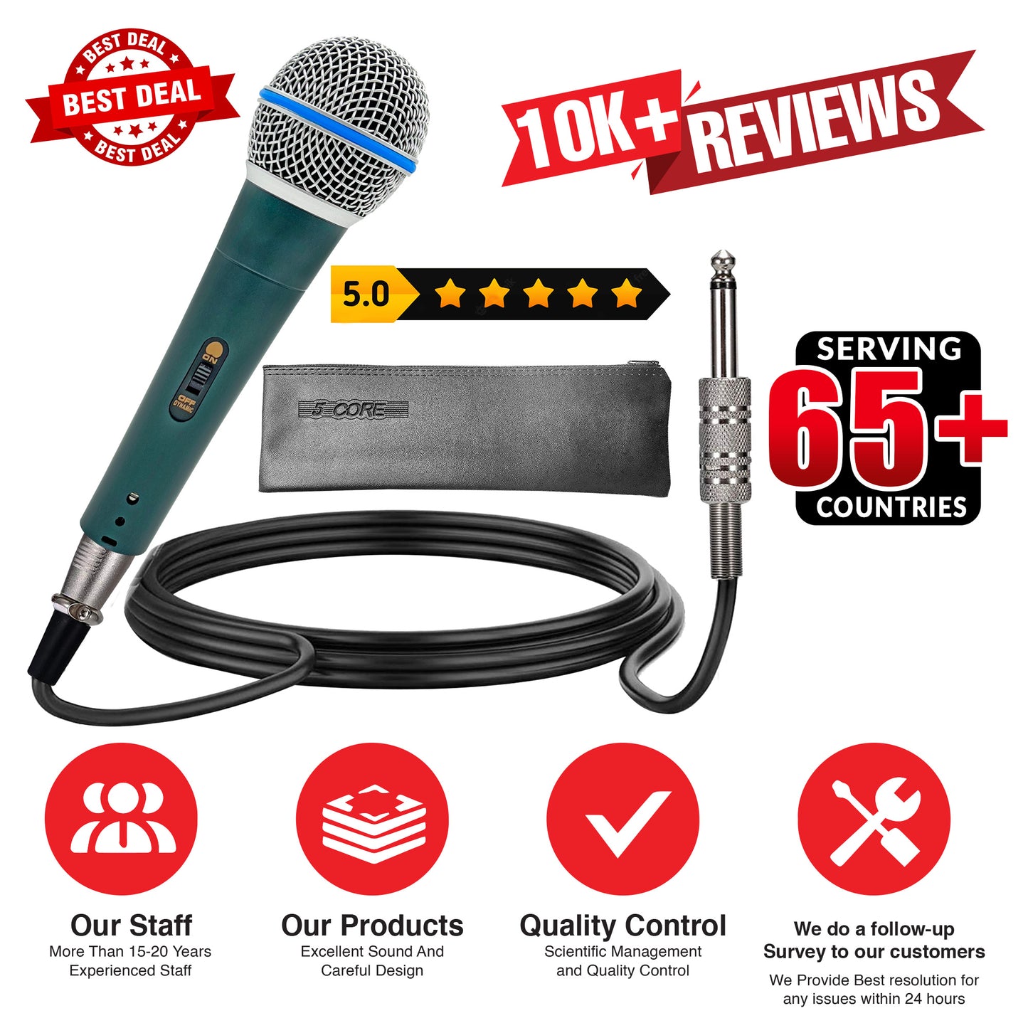 5 Core Professional Dynamic Vocal Microphone Neodymium Cardioid Unidirectional Handheld Mic for Speakers Karaoke W/Steel Mesh Grille Metal Body ON/Off Switch 16ft Detachable Cable+ Clip+Bag- ND58 BLU