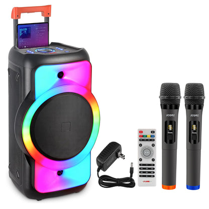 5 Core Karaoke Machine Bluetooth Portable Singing PA Speaker System w Cool DJ Light Support FM + TWS + USB + Memory Card + AUX + REC Party Speakers Includes Two Wireless Mics - PLB 12X1 2MIC