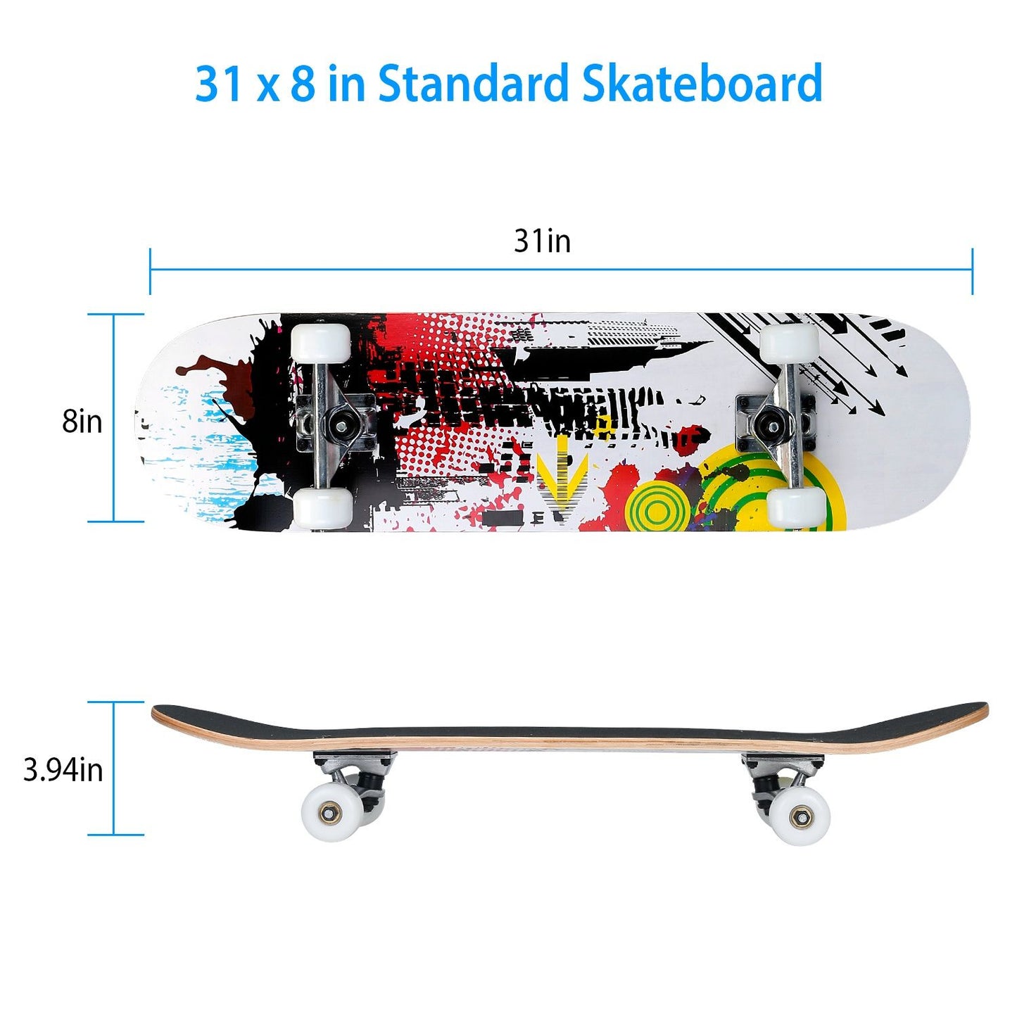 31x8in Skateboards Complete Standard Skate Boards For Girls Boys Beginner 9 Layers Maple Concave Skateboard For Kids Youth Teens