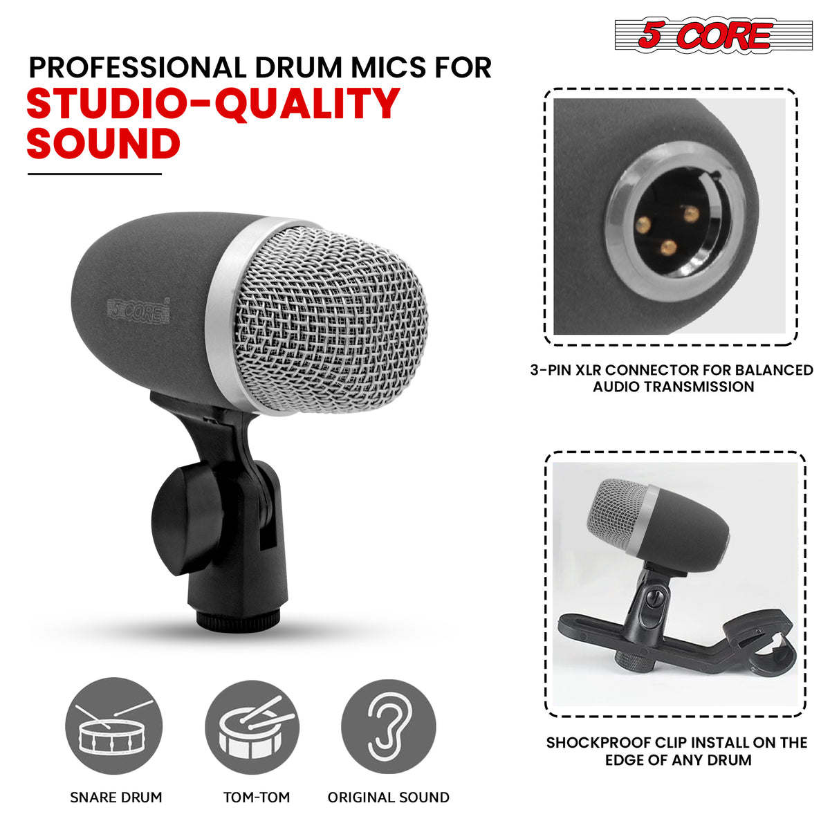 Snare Microphone 1Piece Wired Cardioid Bass Drum Mic Kit High SPL Instrument Microfono w XLR Connection- 5 Core Snare XP