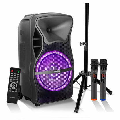 5 Core Party Speaker Portable PA System 2 Wireless Microphone Bluetooth Loud Big Subwoofer Active Powered DJ Karaoke Machine for Studio Indoor Outdoor Use Include Stand - ACTIVE HOME 15 2-MIC