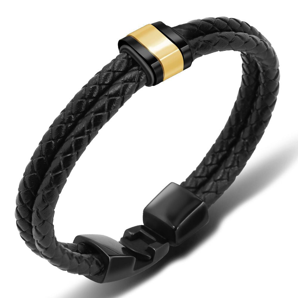 Black Leather Braided Bracelet with Stainless Steel Beads Cnasti Strings and Thangs
