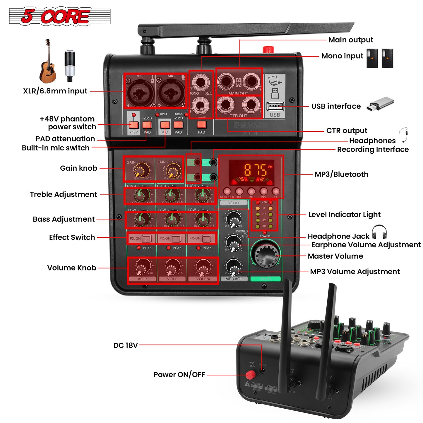 5 Core Audio Mixer Sound Board 4 Channel XLR Stereo Receiver w Bluetooth USB Microphone PA Karaoke Music Podcast Mixing Soundboard Mini Mezcladora Para DJ - MX 4CH 2MIC SLV