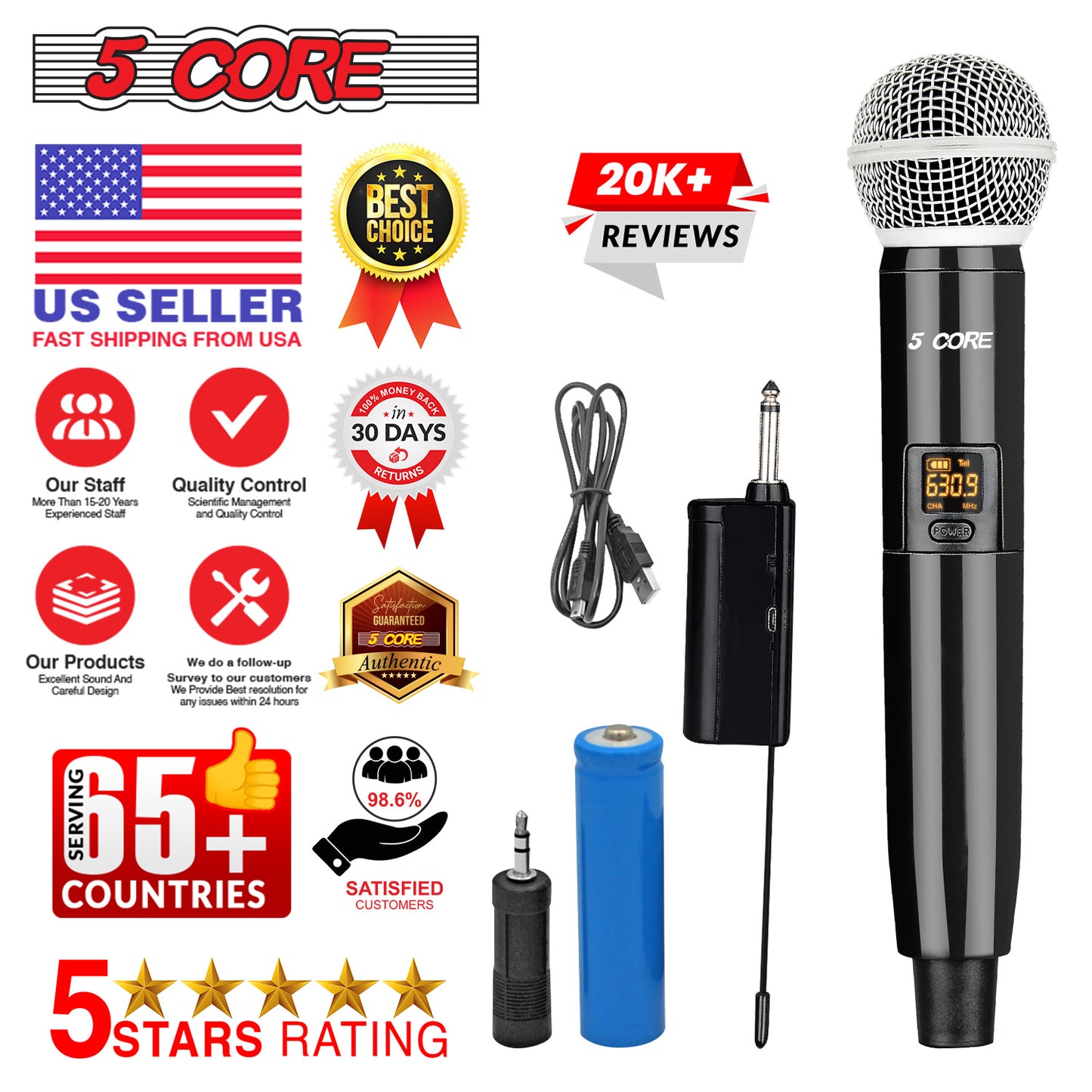 5 Core Wireless Microphone VHF Professional Handheld Microfonos Inalambricos Cordless Mic System Portable for Karaoke Singing Wedding DJ Party Speech Church - WM 1001