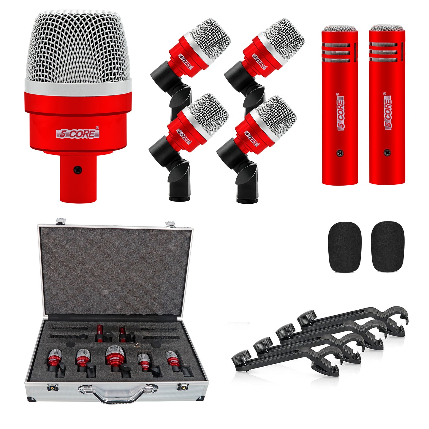 5 Core Drum Microphone Kit 7 Piece Full Metal Dynamic Wired Drums Mic Set for Drummers w Bass Tom Snare + Carrying Case Sponge & Mic Clamp for Vocal & Other Instrument Silver DM 7ACC