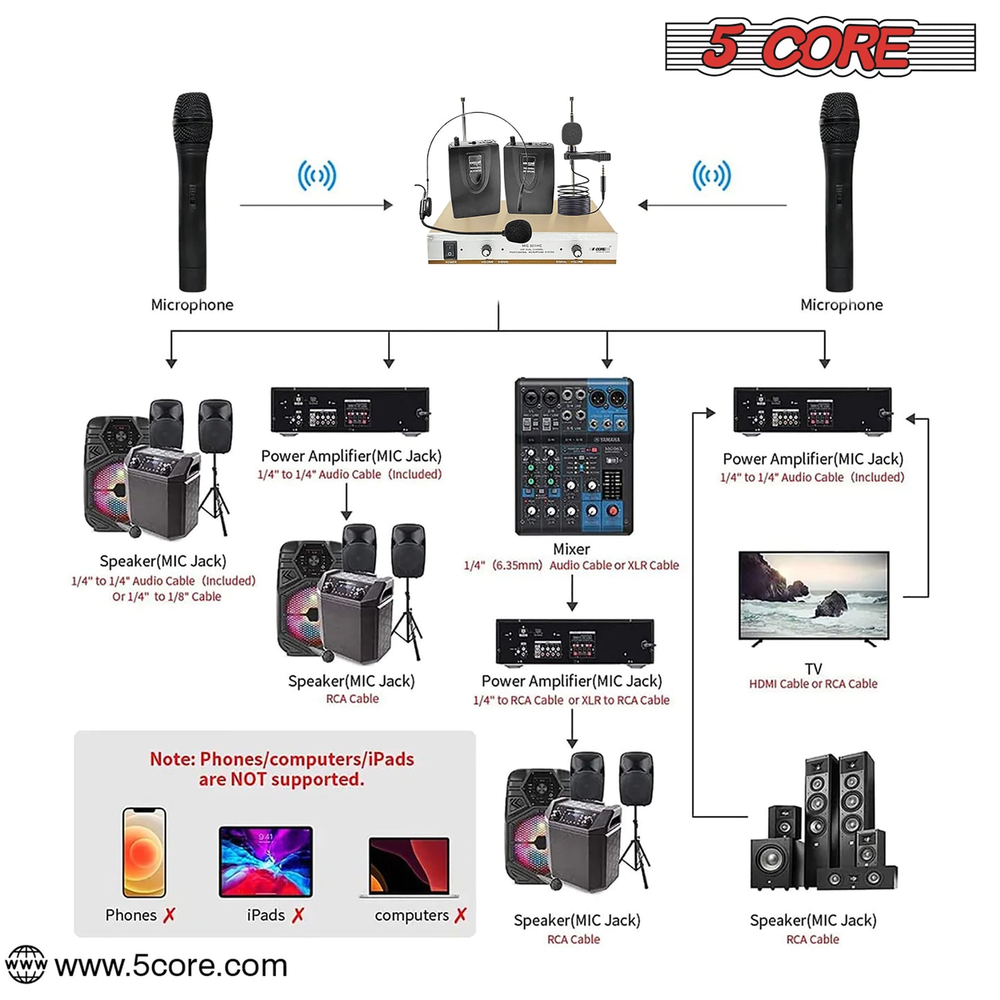 5 Core Wireless Microphone Dual Handheld Mic Cordless Receiver Dj Karaoke Singing Microphones WM 301 HC