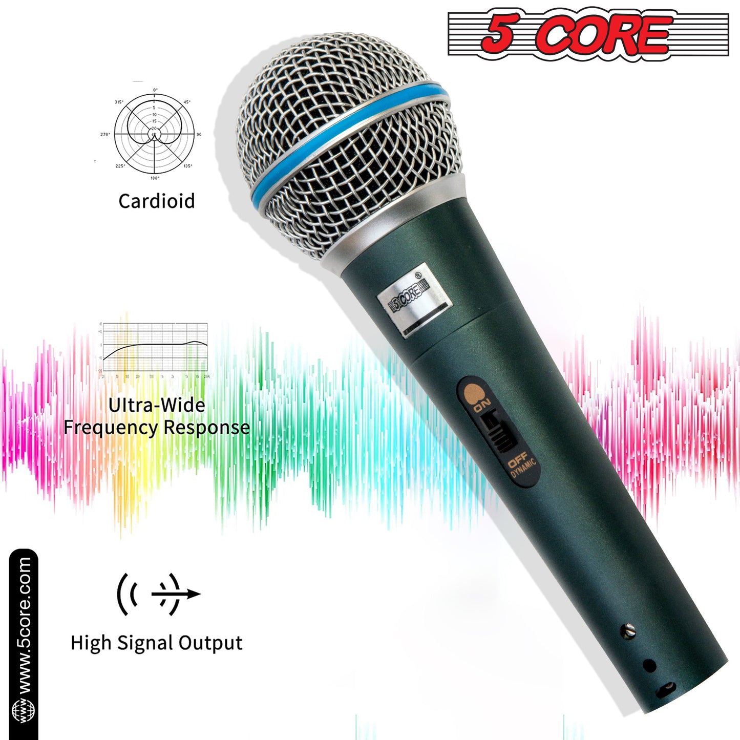 5 Core Premium Handheld Microphone Unidirectional Vocal Dynamic Cardioid Mic with Detachable 10ft XLR Cable Mic Clip Mesh Grille & ON/Off Switch Suited for Speakers Amp Mixers Karaoke Singing- BETA