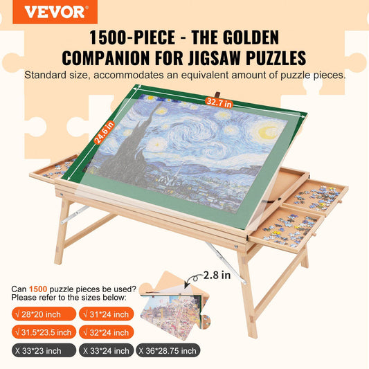 VEVOR 1500 Piece Puzzle Table with Folding Legs, 4 Drawers and Cover, 32.7"x24.6" Wooden Jigsaw Puzzle Plateau