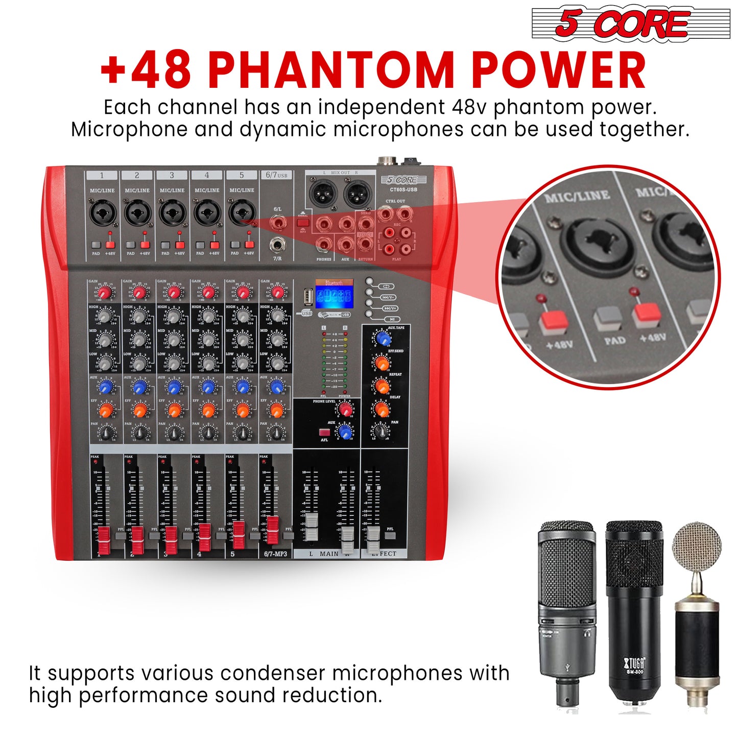 5 Core Audio Mixer DJ Equipment Digital Sound Board Karaoke XLR Mixers Professional 6 Channel Bluetooth USB w Effects for Recording Music Studio PC Podcast Instruments Consola De Sonido - MX 6CH