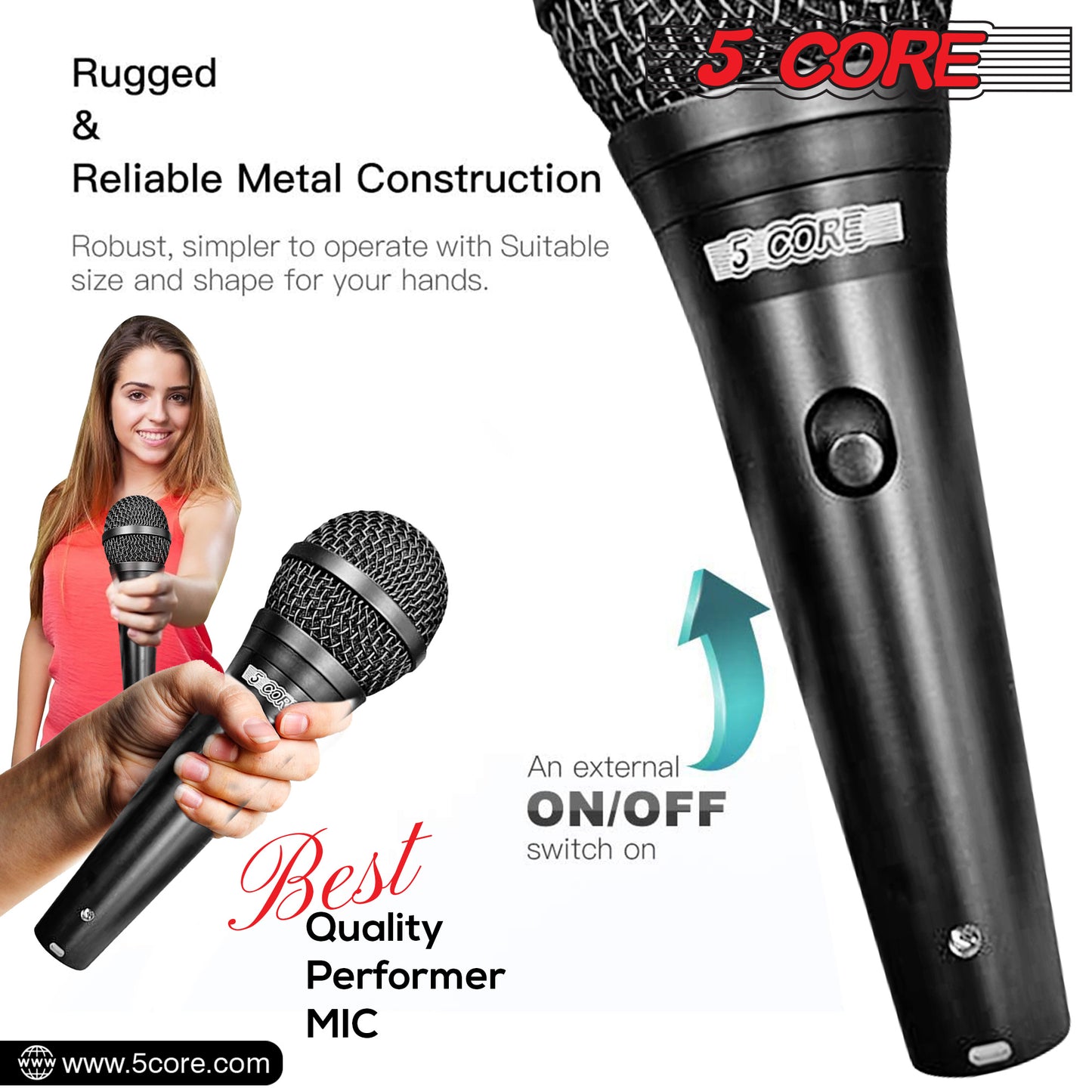 5 Core Microphone Professional Dynamic Vocal Neodymium Cardioid Unidirectional Handheld Mic for Speakers, Karaoke W/Steel Mesh Grille, Metal Body ON/Off Switch 16ft Detachable Cable+Clip+Bag-ND 58 BLK