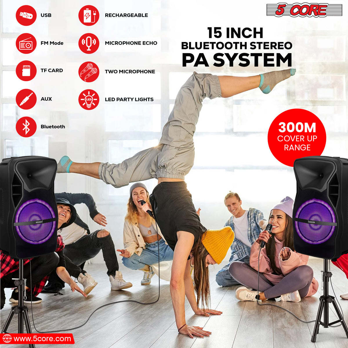 5 Core Party Speaker Portable PA System 2 Wireless Microphone Bluetooth Loud Big Subwoofer Active Powered DJ Karaoke Machine for Studio Indoor Outdoor Use Include Stand - ACTIVE HOME 15 2-MIC