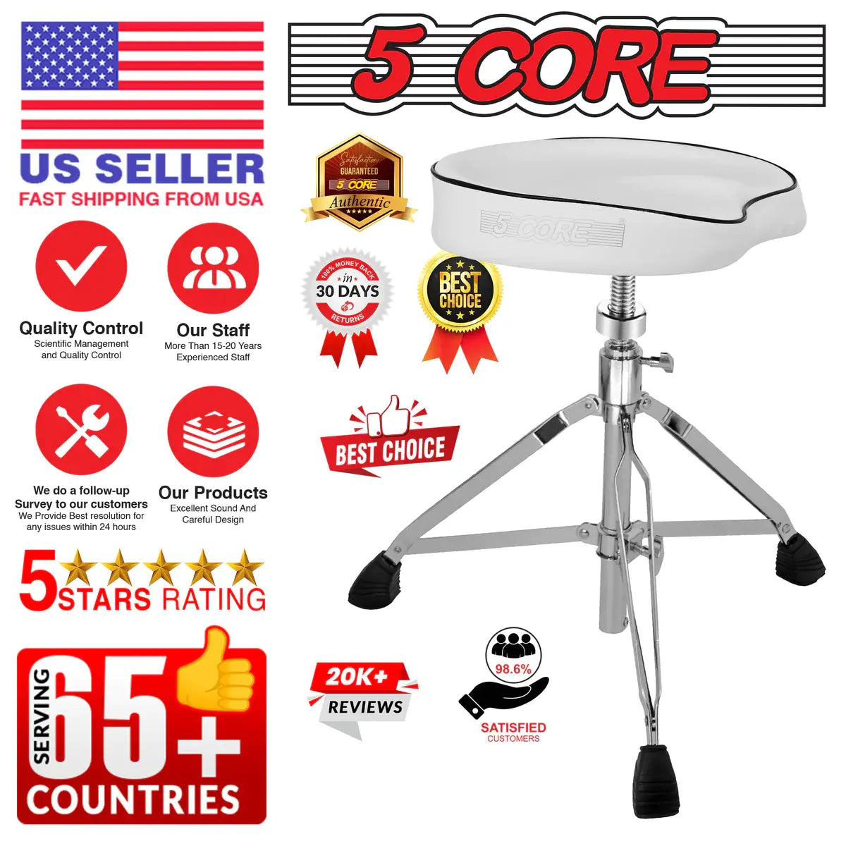 5 Core Drum Throne Saddle White Heavy Duty Height Adjustable Padded Comfortable Drum Stool Seat Chair Style with Double Braced Anti-Slip Feet & Two Drumsticks for Adults Drummers - DS CH WH SDL HD