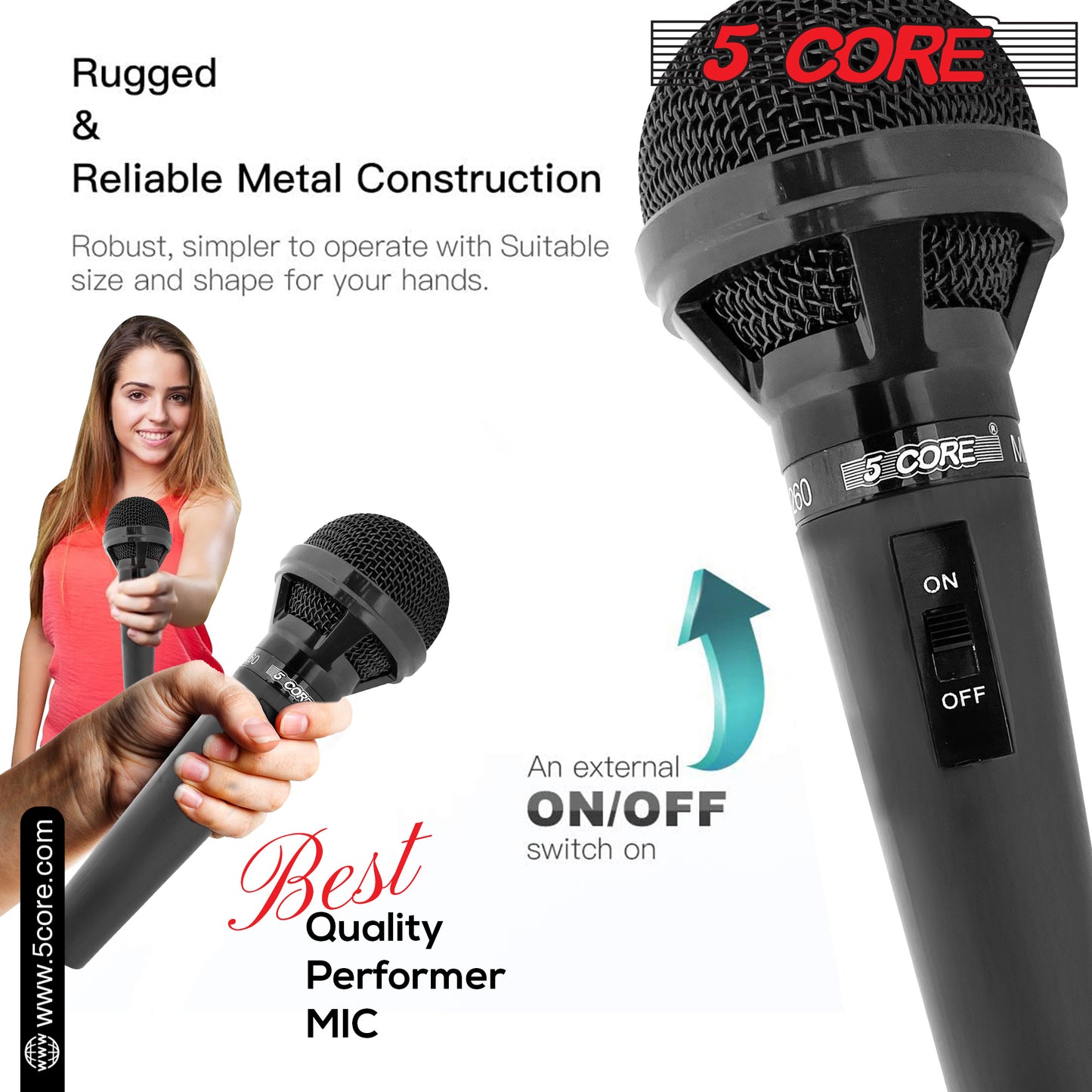 5 CORE Premium Vocal Dynamic Cardioid Handheld Microphone Neodymium Magnet Unidirectional Mic with 12ft XLR Deluxe Cable to ¼ Audio Jack, and On/Off Switch for Karaoke Singing (MIC 260)