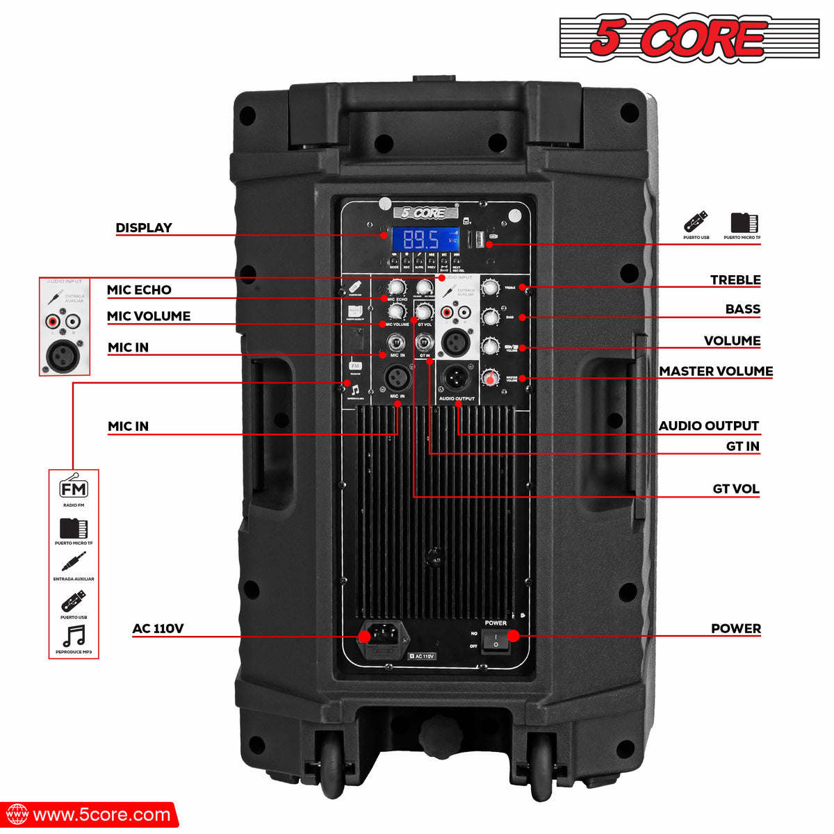 5 Core Karaoke Machine 150W Big Bluetooth PA System Powered DJ Singing Party Speaker w 2 Wireless Microphones Portable Large Professional Outdoor Sound Set For Adults - ACTIVE DJ 12 2-MIC