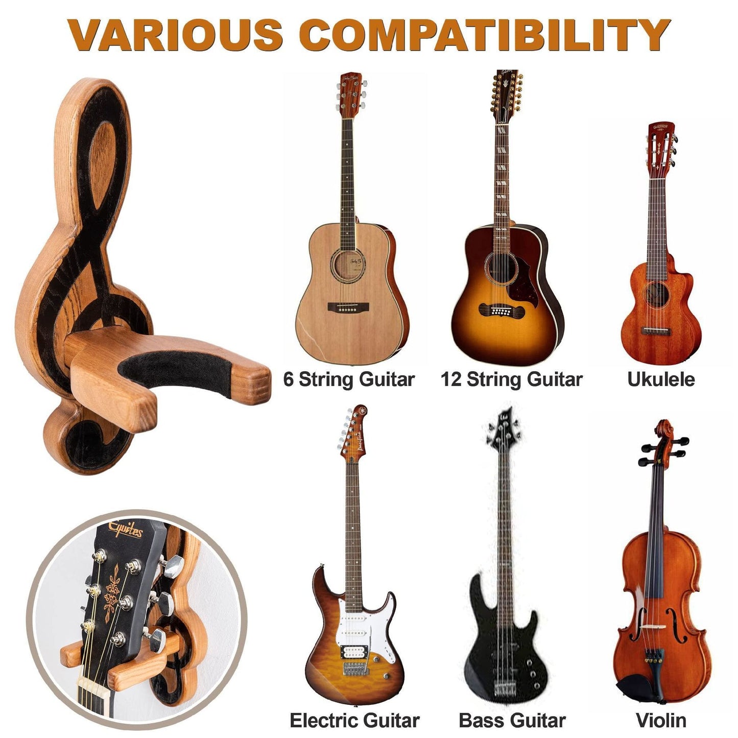 TESLYAR Guitar Holder Wall Mount Ash Wood Wooden Guitar Hanger Hook Stand Rack Guitar Hanger for Electric Classic Acoustic and Bass Guitar Musical Instruments Hardwood (Beige Musical key)