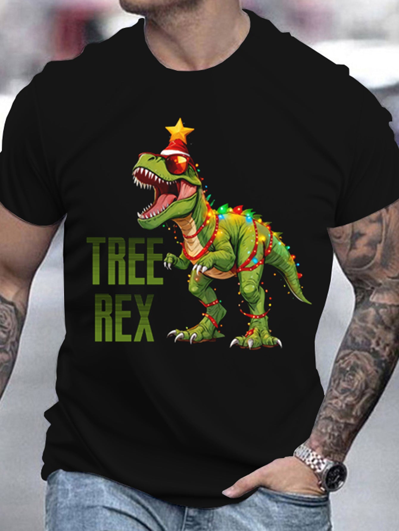 3D Printed Festival Christmas Tree Dinosaur T-shirt - Men's Casual Summer Top, Round Neck Short Sleeve