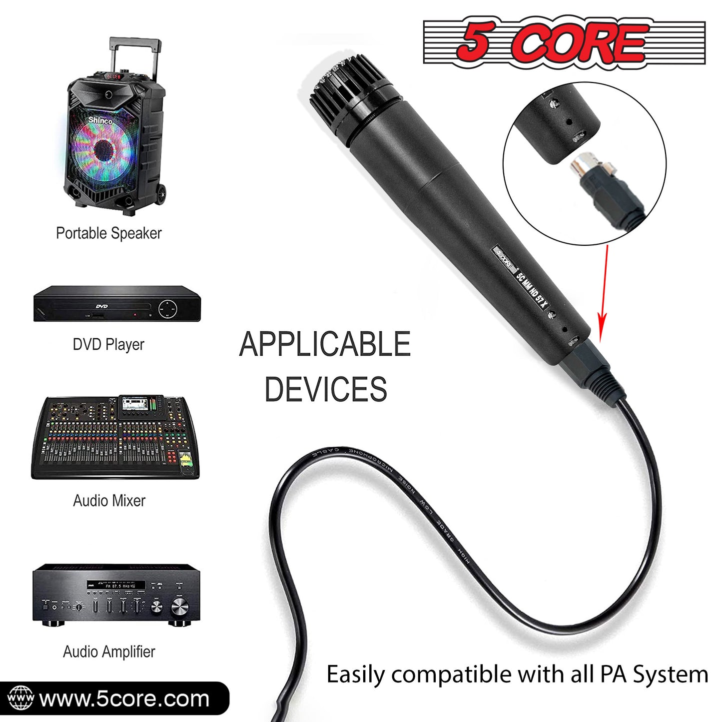 5 CORE Dynamic Instrument Mic - Premium Quality and Versatile Mic for Live Performances, On Stage and Studio Recording - Durable Metal Mic- Cable, Mic Holder and Bag Included- ND-57X