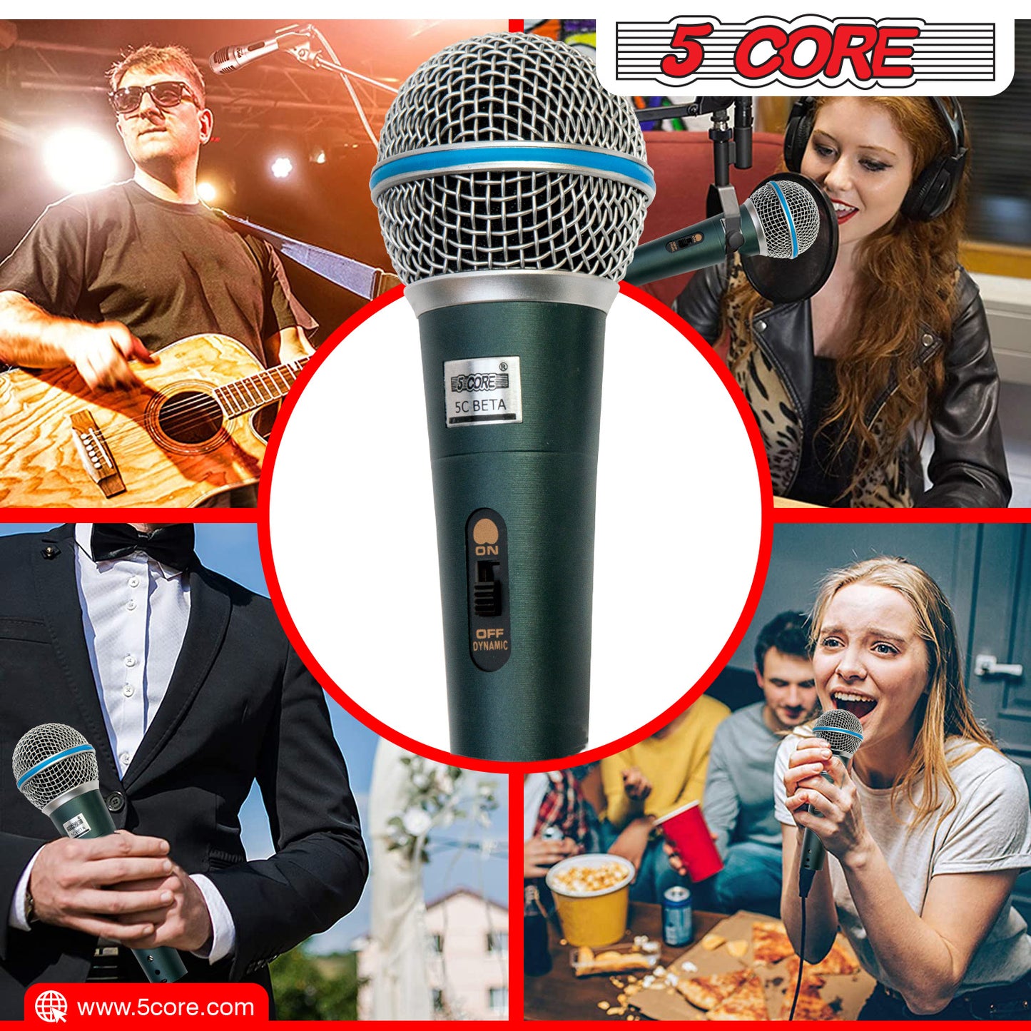 5 Core Premium Handheld Microphone Unidirectional Vocal Dynamic Cardioid Mic with Detachable 10ft XLR Cable Mic Clip Mesh Grille & ON/Off Switch Suited for Speakers Amp Mixers Karaoke Singing- BETA