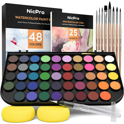 Nicpro Watercolor Paint Set, 48 Water Colors Kit with 8 Squirrel Brushes, Palette, Watercolor Pen, 25 Art Pad Paper, 2 Art Sponges, Non-toxic Painting Supplies