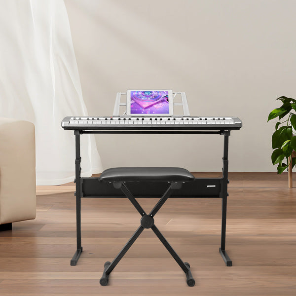 GEP-110 61 Key Lighting Keyboard with Piano Stand, Piano Bench, Built In Speakers, Headphone, Microphone, Music Rest, LED Screen, 3 Teaching Modes for Beginners