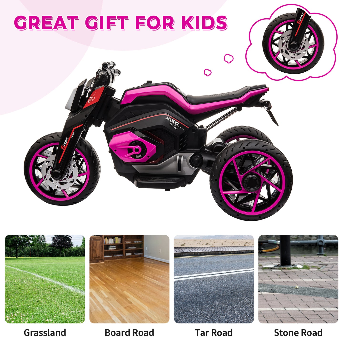 12V Three-wheel Ride On Motorcycle, Kids Electric Motorbike with Horns, LED Lights, Gift for Kids 3-8 Years,Rosy