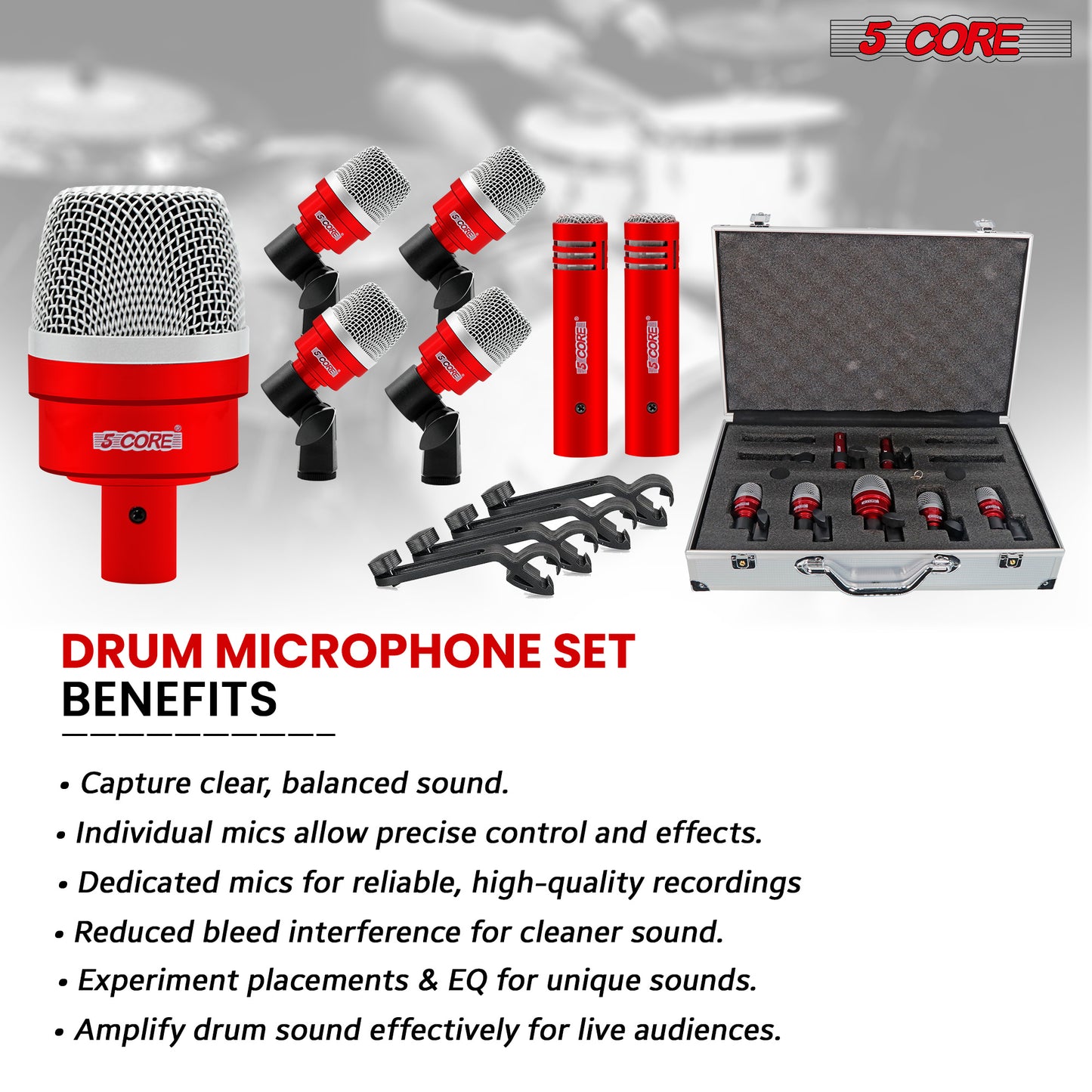 5 Core Drum Microphone Kit 7 Piece Full Metal Dynamic Wired Drums Mic Set for Drummers w Bass Tom Snare + Carrying Case Sponge & Mic Clamp for Vocal & Other Instrument Silver DM 7ACC