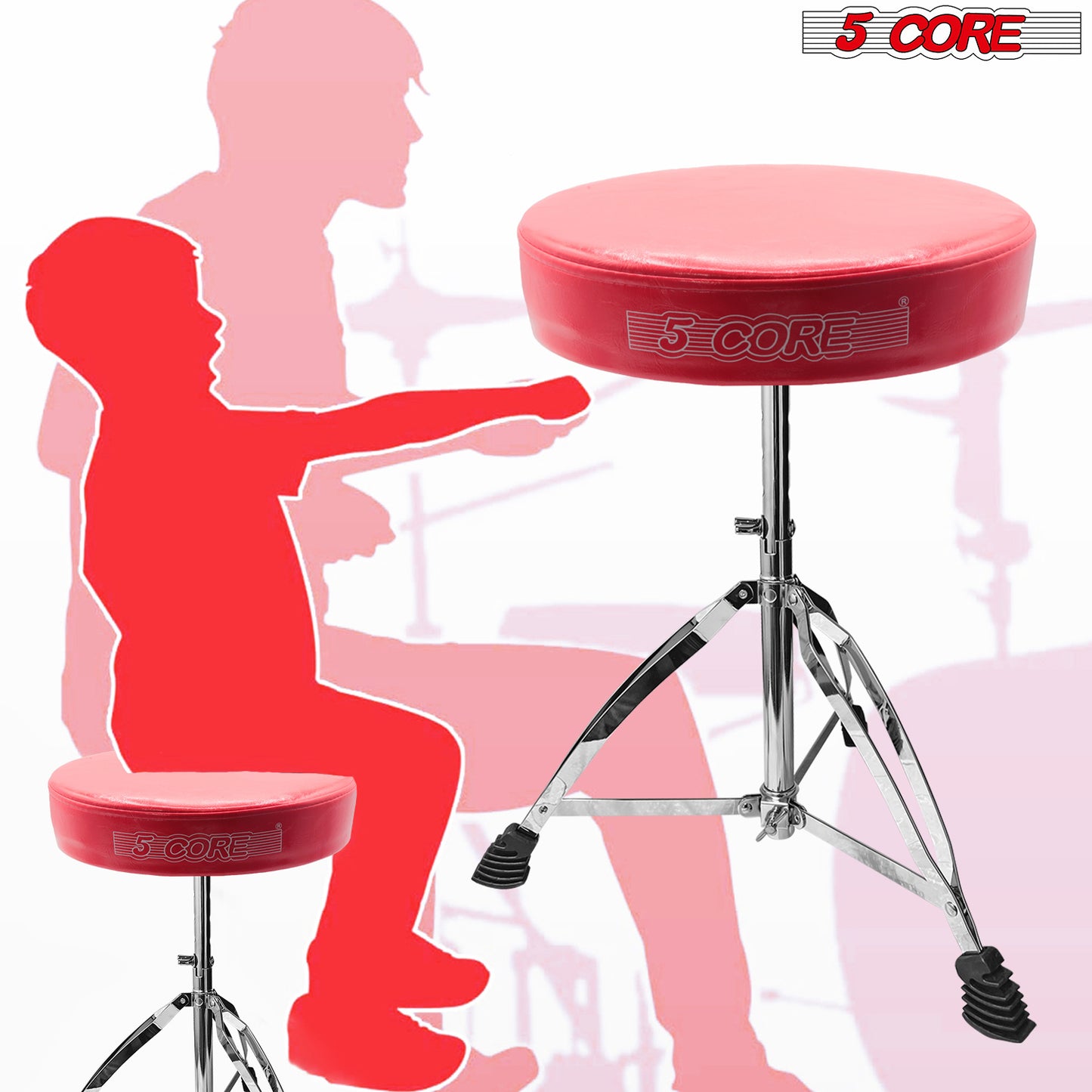 5 CORE Drum Throne Height Adjustable Guitar Stool Thick Padded Memory Foam DJ Chair Seat with Anti Slip Feet Multipurpose Musician Chair for Adults and Kids Drummer Cello Guitar Player - DS CH RED