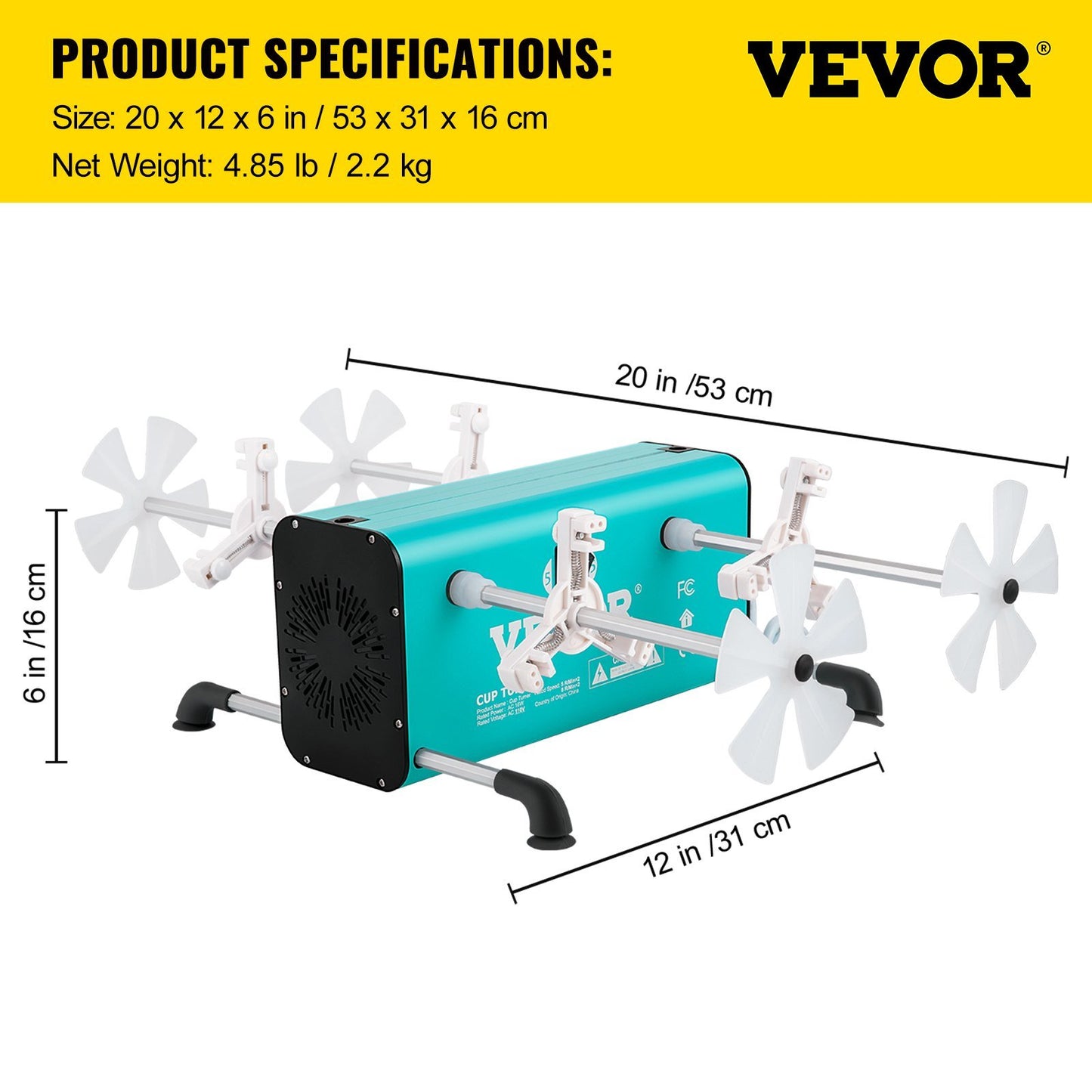 VEVOR 4 Cup Turner, 2 Speeds Multiple Tumbler Spinner Rotator Machine Kit with 4 Removable and Adjustable Arms, Mute Motor, Aluminum Alloy Frame, 4 Independent Switches for DIY Glitter Crafts(Green)