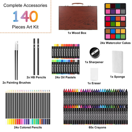 140Pcs Art Supplies With Colored Pencils Oil Pastels Crayons, Watercolor Cakes Brushes Sharpener Eraser In Elegant Wooden Box Professional Art Kit For Kids Adults Beginners Pros