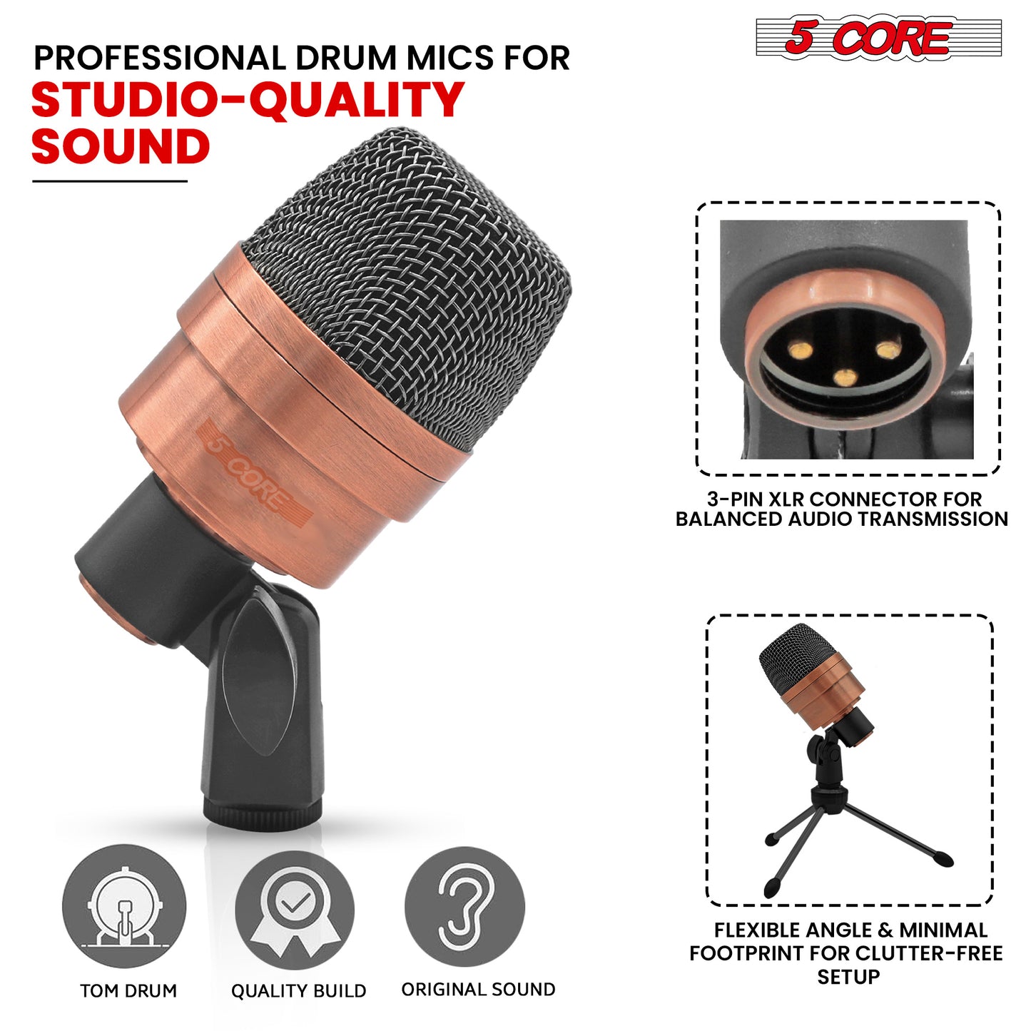 5 Core Drum Microphone Kit Copper Finish 3 Pieces Drumming Mics Full Metal Wired Dynamic Instrument Mic Set for Bass Tom Snare Cymbals - DM 7XP COPPEREX