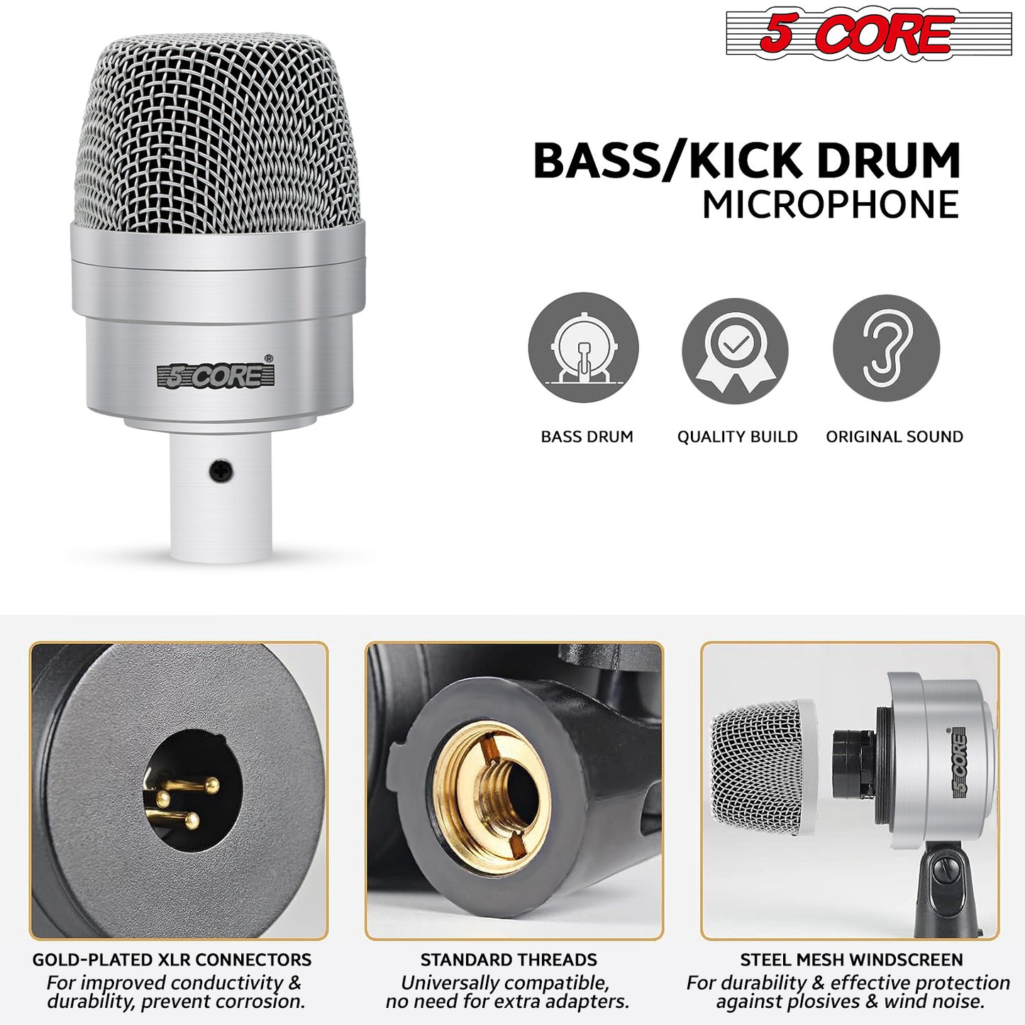 5 Core Drum Microphone Kit 7 Piece Full Metal Dynamic Wired Drums Mic Set for Drummers w Bass Tom Snare + Carrying Case Sponge & Mic Clamp for Vocal & Other Instrument Silver DM 7ACC