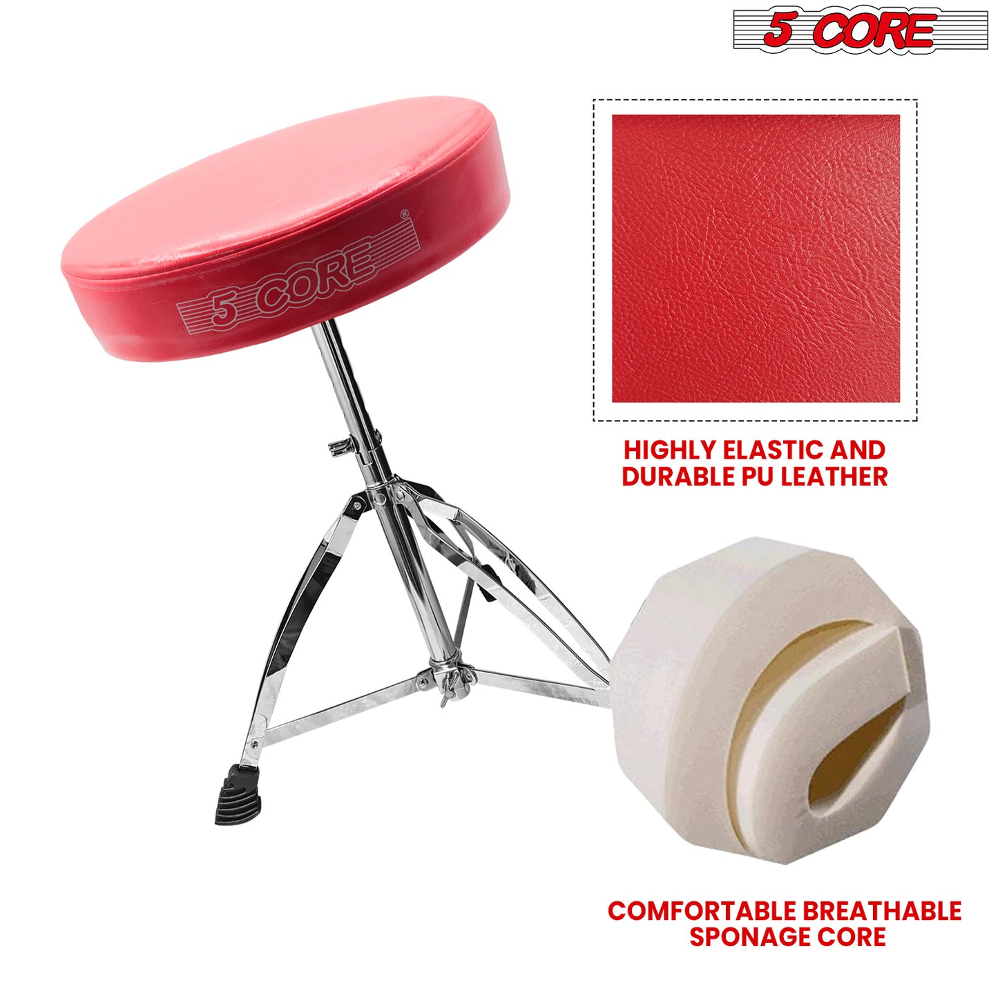 5 CORE Drum Throne Height Adjustable Guitar Stool Thick Padded Memory Foam DJ Chair Seat with Anti Slip Feet Multipurpose Musician Chair for Adults and Kids Drummer Cello Guitar Player - DS CH RED