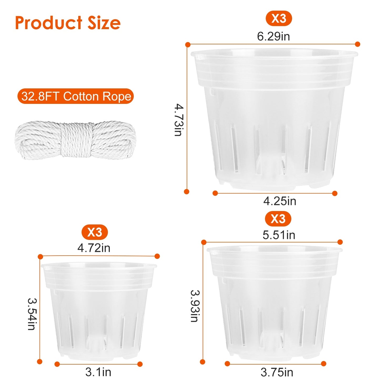 9Pcs Orchid Pots Clear Reusable Plastic Flower Plant Nursery Planter Seed Starter Pots with Drainage Holes with 32.8FT Rope