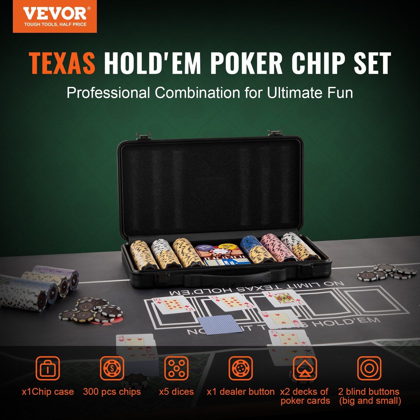 VEVOR Poker Chip Set, 300-Piece Poker Set, Complete Poker Playing Game Set with Carrying Case