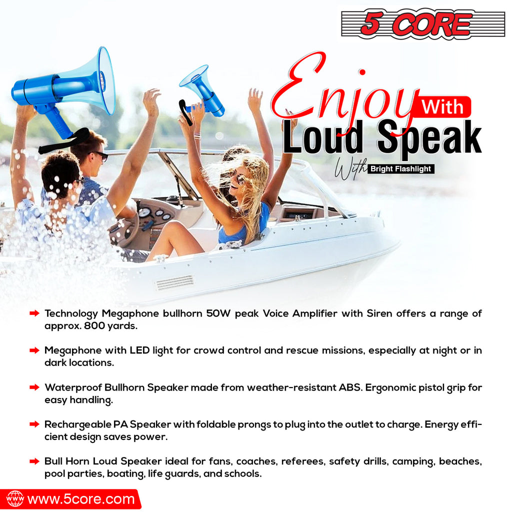 5 CORE 40W Waterproof Megaphone Bullhorn Flashlight PRO Fire Army Grade - Battery + LED Light + Adj Volume + Siren Handheld Lightweight for Water Sports Boat Speaker-HW 18 WP