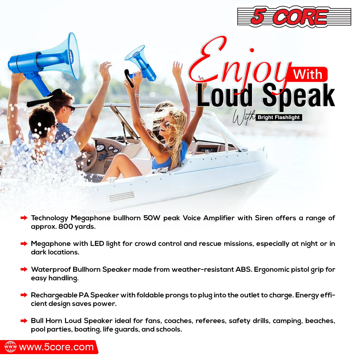 5 CORE 40W Waterproof Megaphone Bullhorn Flashlight PRO Fire Army Grade - Battery + LED Light + Adj Volume + Siren Handheld Lightweight for Water Sports Boat Speaker-HW 18 WP