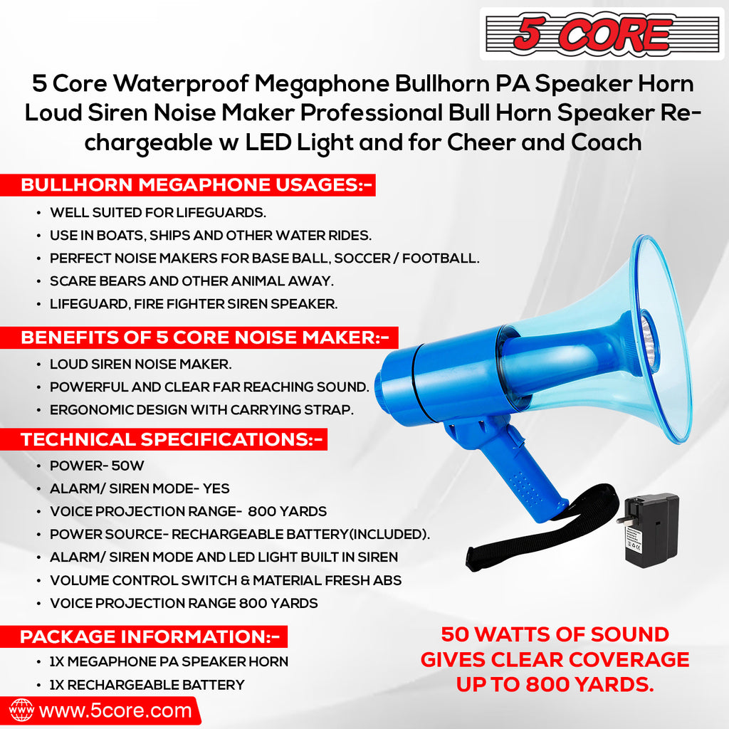 5 CORE 40W Waterproof Megaphone Bullhorn Flashlight PRO Fire Army Grade - Battery + LED Light + Adj Volume + Siren Handheld Lightweight for Water Sports Boat Speaker-HW 18 WP