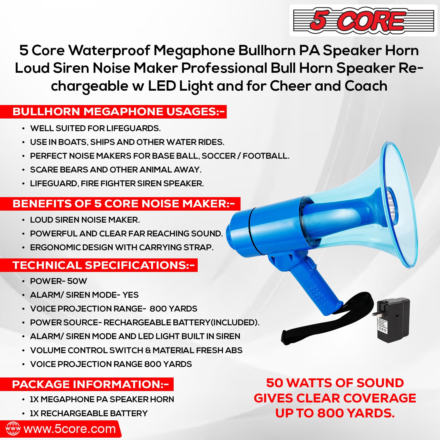 5 CORE 40W Waterproof Megaphone Bullhorn Flashlight PRO Fire Army Grade - Battery + LED Light + Adj Volume + Siren Handheld Lightweight for Water Sports Boat Speaker-HW 18 WP