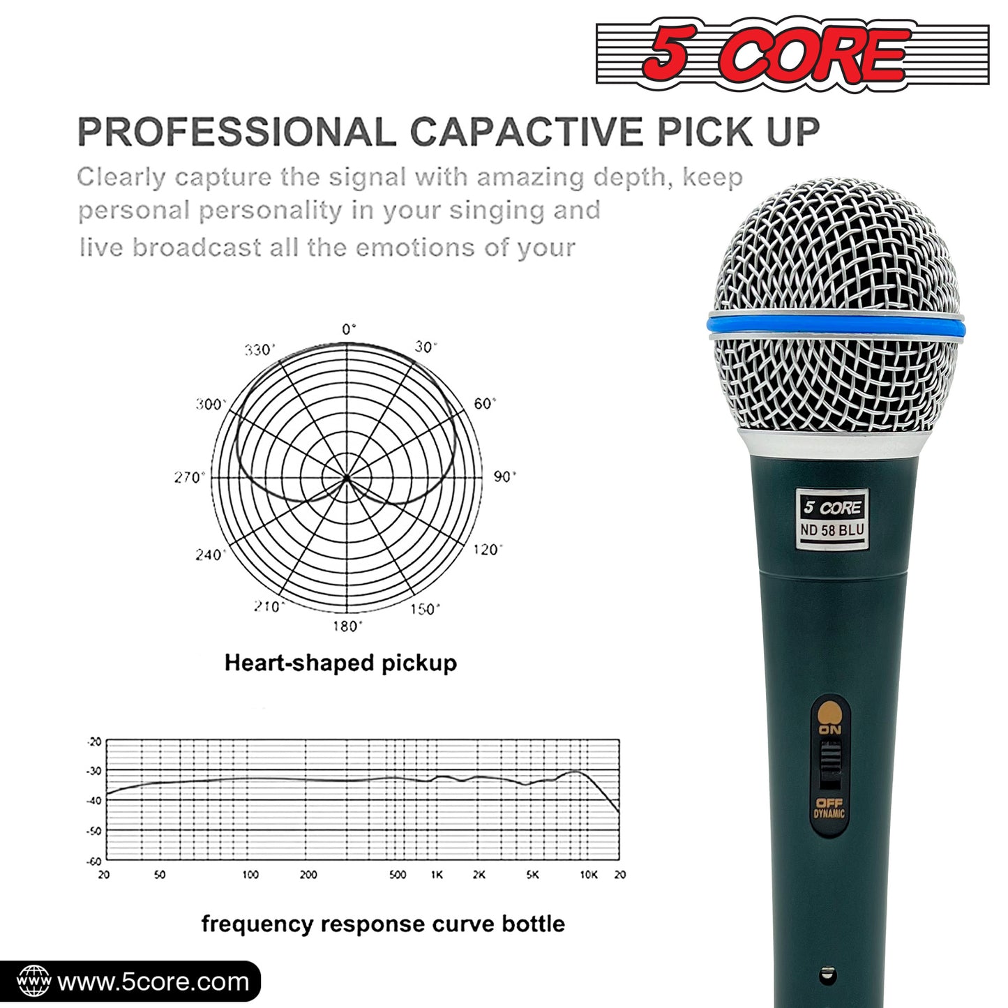 5 Core Professional Dynamic Vocal Microphone Neodymium Cardioid Unidirectional Handheld Mic for Speakers Karaoke W/Steel Mesh Grille Metal Body ON/Off Switch 16ft Detachable Cable+ Clip+Bag- ND58 BLU