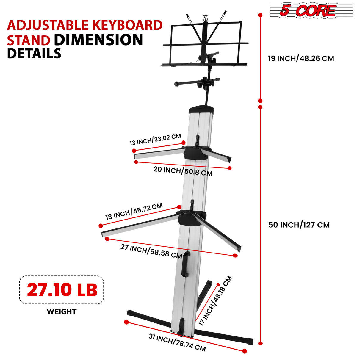 5 Core 2 Tier Keyboard Column Stand Premium Aluminum Build Professional Foldable Double Adjustable Height Anti Slip Arms Portable Ultimate Stands for 61, 76, 88 Keys w Carry Bag Music & Mic Stand