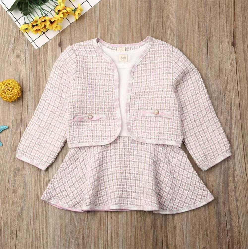 Baby Girl Contrast Design Long Sleeved Dress Combo Plaid Pattern Coat Chanel's Sets